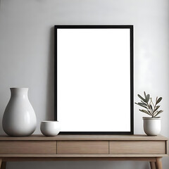 mock up poster frame in modern interior background,  Empty mock up,  frame on wall, Blank vertical photo poster frame, Empty vertical picture frame,  Black poster frame on the wall. AI