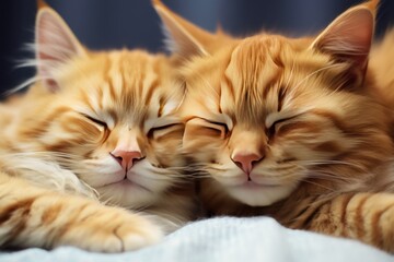 Two cute fluffy red kittens sleeping next to each other on a white blanket. Beautiful cat faces close up
