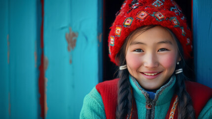 Young girl in embroidered red hat smiling warmly