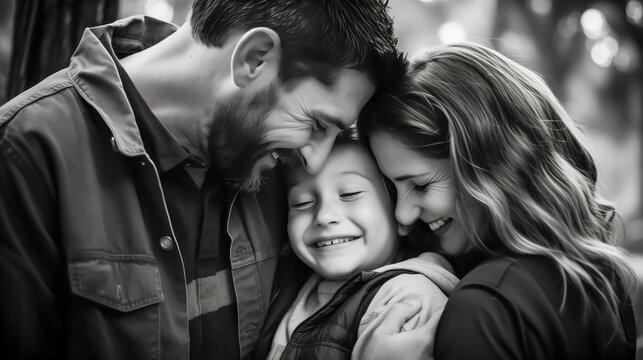 Happy family moment with joyful child embraced by parents
