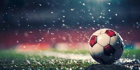 Close-up image of a soccer ball with water droplets on its surface, symbolizing a game played in the rain, with stadium lights in the background