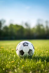 Close-up of a soccer ball on a green field with the goalpost in the background, highlighting the details of the ball and grass
