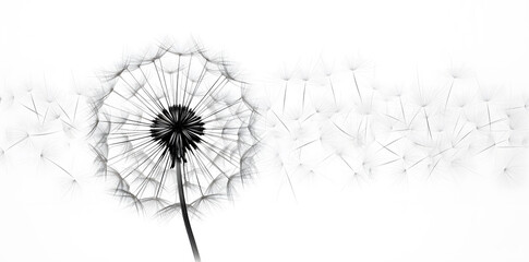 Black silhouette with flying dandelion buds on a white background - obrazy, fototapety, plakaty