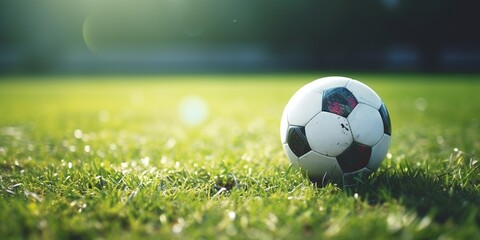 Fototapeta premium Close-up of a soccer ball on a green field with the goalpost in the background, highlighting the details of the ball and grass