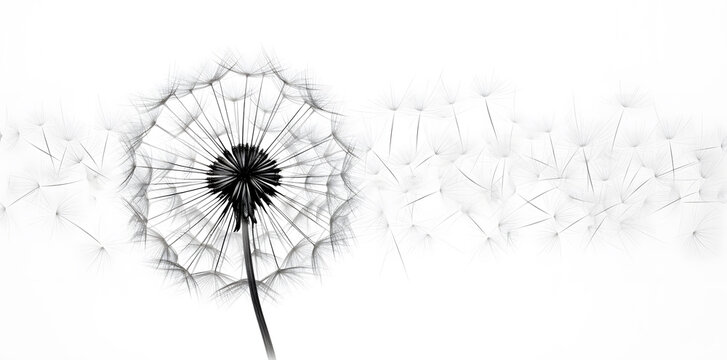 Black silhouette with flying dandelion buds on a white background