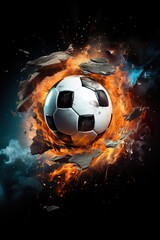 Fototapeta premium Dynamic photo of a soccer ball shattering into pieces at the moment of impact, representing the power and intensity of the sport