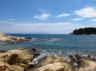 Panorama of white rocks, blue sky and blue sea. Summer concept.