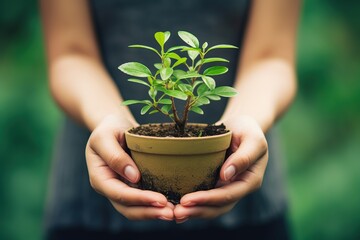 Female hands holding pot with small green tree