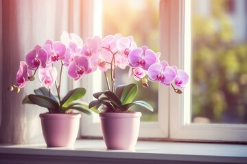 Beautiful pink orchid flower in pots on windowsill
