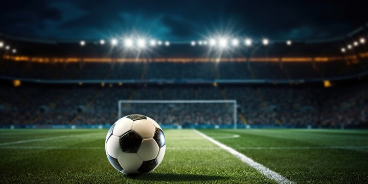 Image of a soccer ball at the corner flag on a field, ready for a corner kick, with stadium lights illuminating the scene