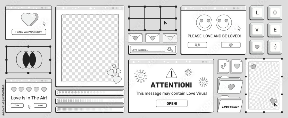 Poster set of screens of an old retro pc in the y2k style with greetings on a valentine's day holiday. retr