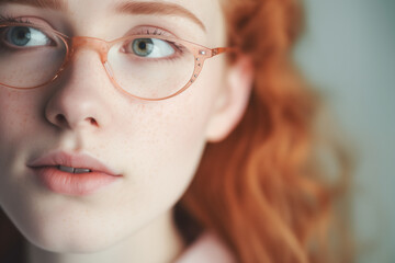 Face portrait of red hair woman with trendy eyeglasses for branding. Elegant look; fashion for accessories; female beauty; eye product placement. trendy lenses and frames; optical ads; eyewear concept - obrazy, fototapety, plakaty