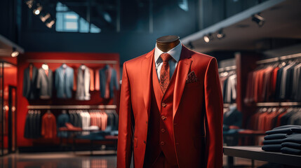 Clothing display with male red luxurious suit, modern luxury man business clothing and suits store showroom, atelier for tailoring expensive jackets.