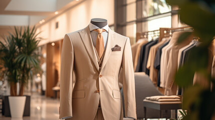 Clothing display with white male luxurious suit, modern luxury man business clothing and suits store showroom, atelier for tailoring expensive jackets.
