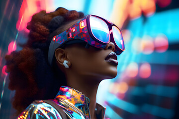 African woman in neon costume, glasses and neon shoes, in the style of futuristic pop, luminous...