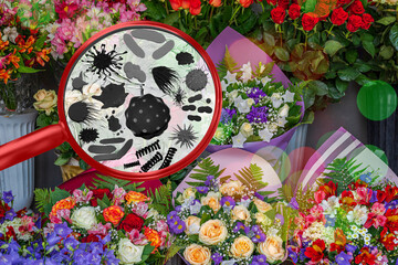 Crop view street sale of flowers. Magnifying lens with simulated allergen, germs, allergies pollen...