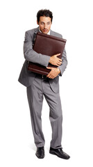 Business, briefcase and man with stress for unemployment, job protection or security and work in recession. Businessman, bag and worry in white background of studio with anxiety for corporate economy