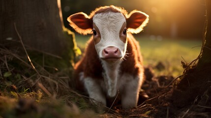 a brown and white baby cow on a farm