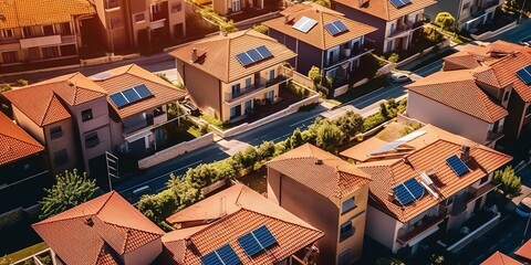 view of residential houses with photovoltaic solar panels, generative ai - obrazy, fototapety, plakaty