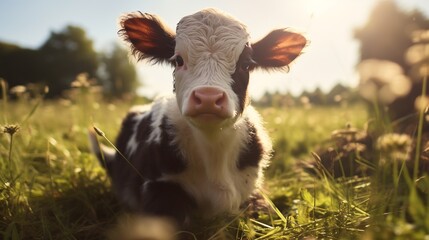 a brown and white baby cow on a farm