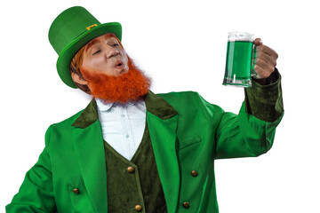 Leprechaun elf on St. Patrick's Day. Cheerful character Irish leprechaun for advertising with a red...