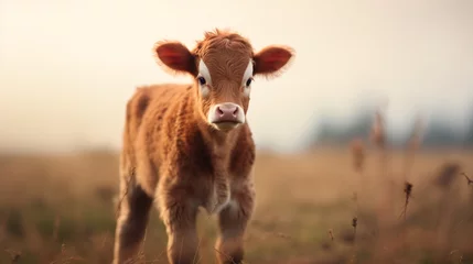 Rolgordijnen a brown and white baby cow on a farm © Samuel