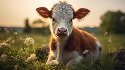 a brown and white baby cow on a farm