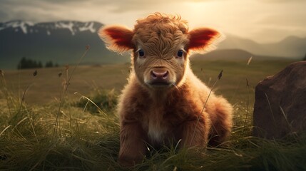 a brown and white baby cow on a farm