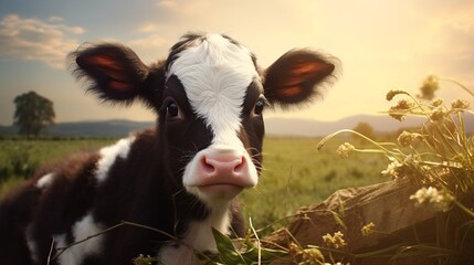 a brown and white baby cow on a farm