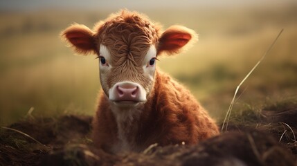 a brown and white baby cow on a farm