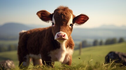 a brown and white baby cow on a farm