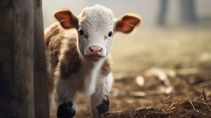 a brown and white baby cow on a farm