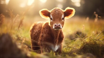 a brown and white baby cow on a farm