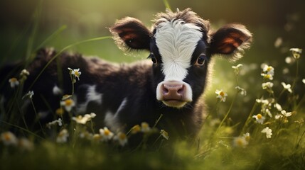 a brown and white baby cow on a farm