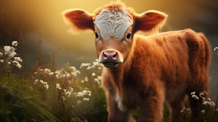 a brown and white baby cow on a farm