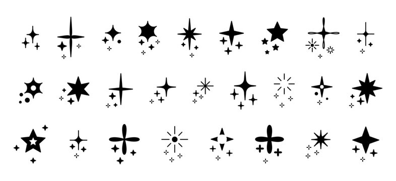 Set with glitter, stars and sequins. Doodle composition with black silhouettes glitter isolated on white background.
