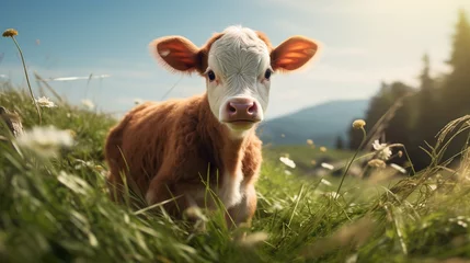 Foto op Plexiglas a brown and white baby cow on a farm © Samuel