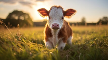 a brown and white baby cow on a farm