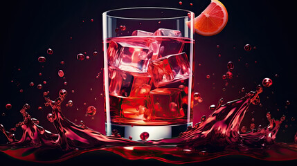 red wine splash in glass, A red cocktail with orange in a glass is on the table on dark background with wine splash