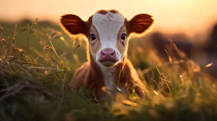 Fotobehang a brown and white baby cow on a farm © Samuel