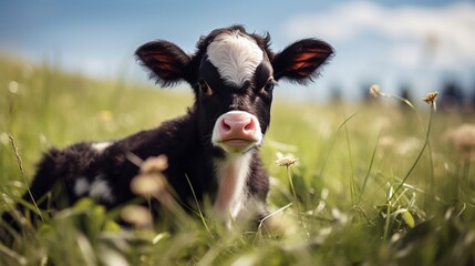a brown and white baby cow on a farm