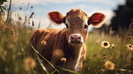 a brown and white baby cow on a farm