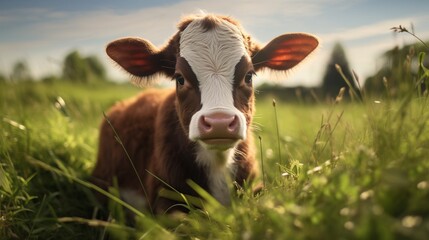 a brown and white baby cow on a farm - obrazy, fototapety, plakaty