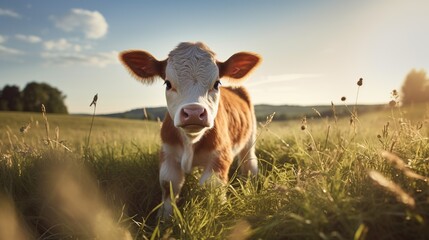 a brown and white baby cow on a farm - obrazy, fototapety, plakaty