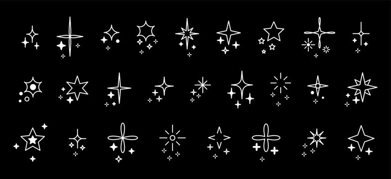 Set with white linear glitter, stars and sequins. Doodle composition with glitter isolated on black background.