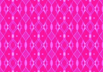 Hand-drawn abstract seamless ornament. Neon pink (plastic pink) background and glowing pattern on it. Cloth texture. Digital artwork, A4. (pattern: p12c)