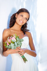 Happy, wedding and young woman with flowers for luxury marriage ceremony, party or reception. Smile, love and beautiful bride from Mexico with makeup and floral bouquet for romantic celebration.
