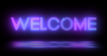 Welcome neon sign board retro style animation in black background. Welcome title greeting motion graphic invitation advertisement glowing trendy message. Welcome outline.