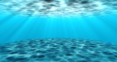 Realistic surreal underwater seabed moving water animation. Looping animation of water ocean waves moving underwater with camera zoom in effect. Sunbeam tranquility transparent sea water.