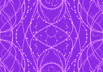 Hand-drawn abstract seamless ornament. Neon purple (proton purple) background and glowing pink pattern on it. Cloth texture. Digital artwork, A4. (pattern: p10-2a)